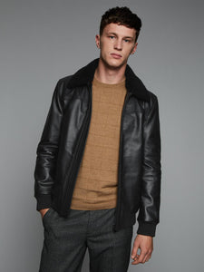 LEATHER AVIATOR JACKET WITH SHEARLING COLLAR