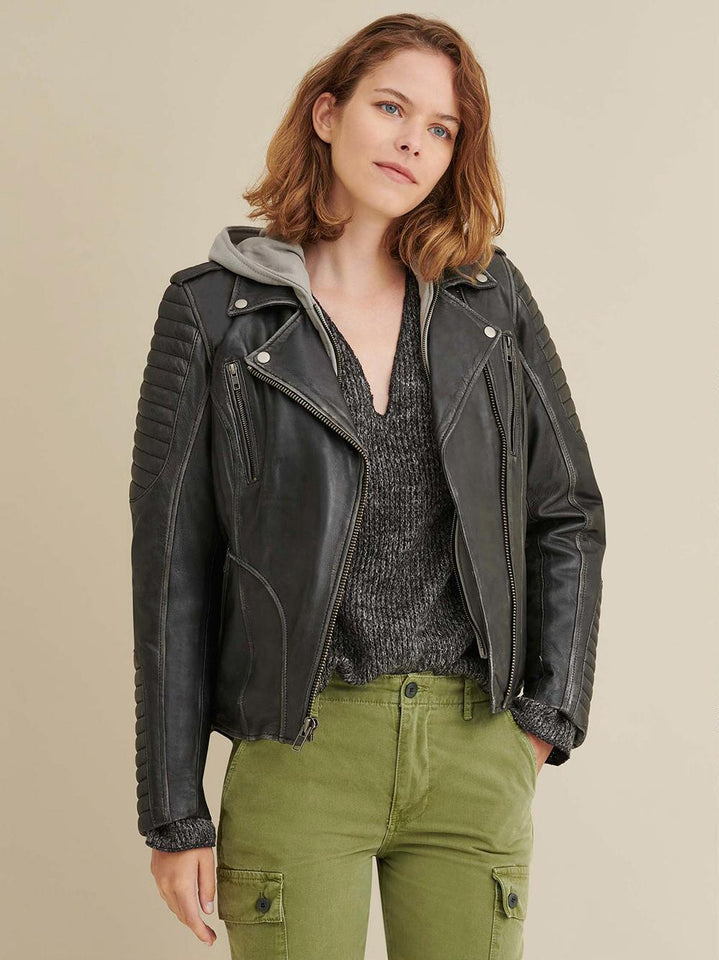 Quilted Shoulder Leather Moto Cycle Jacket
