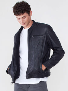 Band Collar Leather Jacket