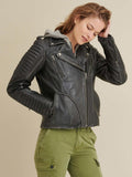 Quilted Shoulder Leather Moto Cycle Jacket