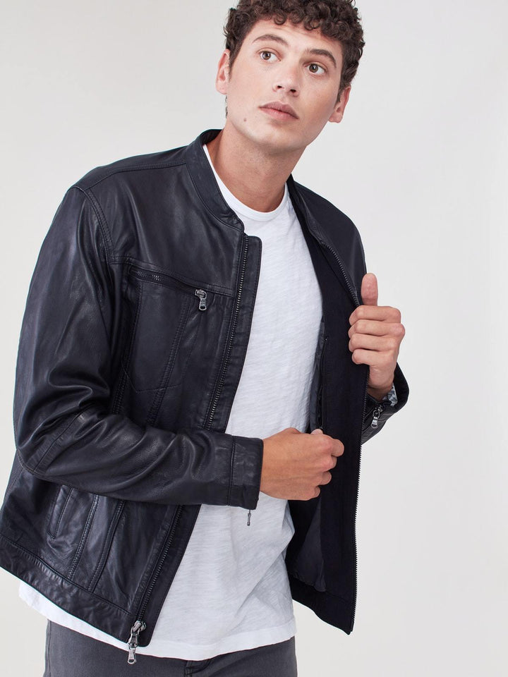 Band Collar Leather Jacket