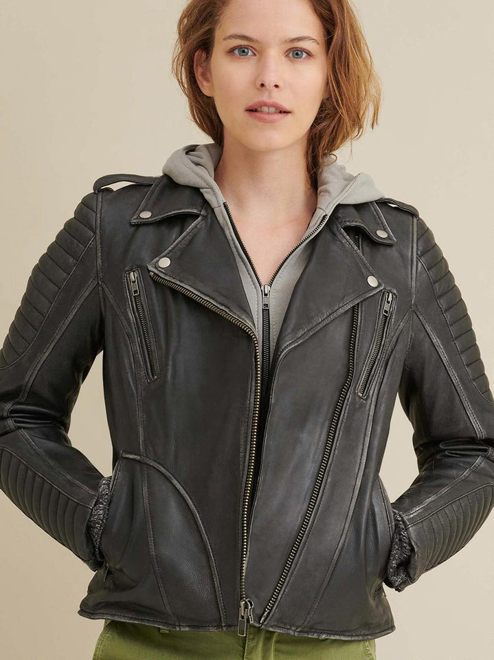 Quilted Shoulder Leather Moto Cycle Jacket